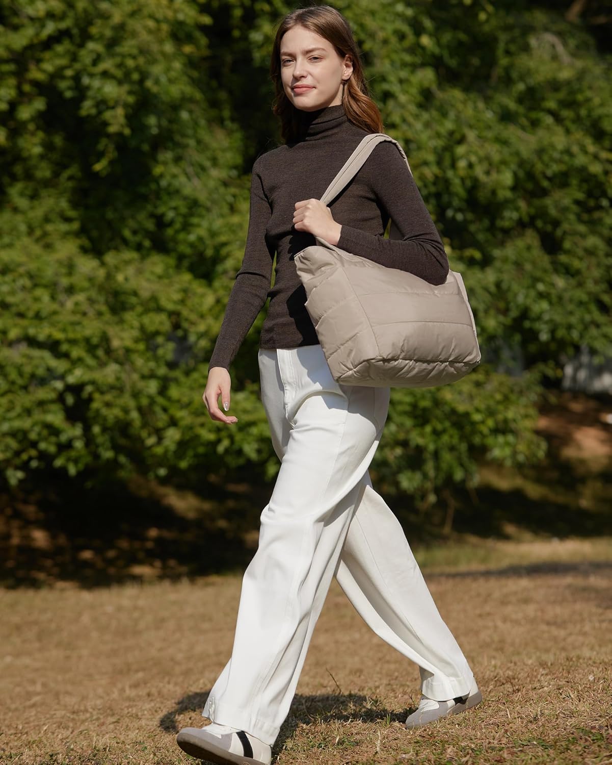 BAGSMART quilted puffy tote bag in neutral nylon with shoulder straps and compartments — view 2