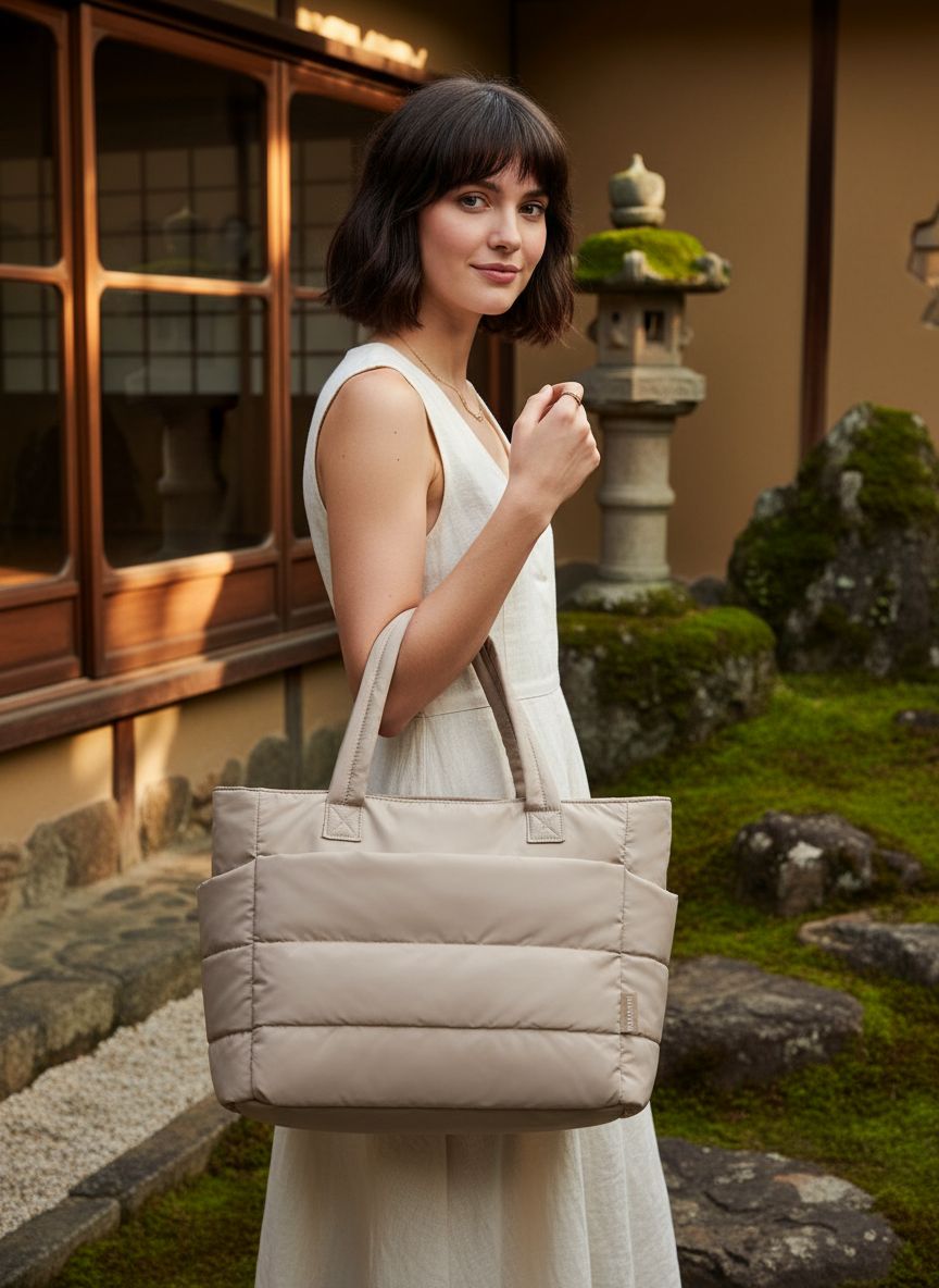 BAGSMART quilted puffy tote bag in neutral nylon with shoulder straps and compartments โ view 1