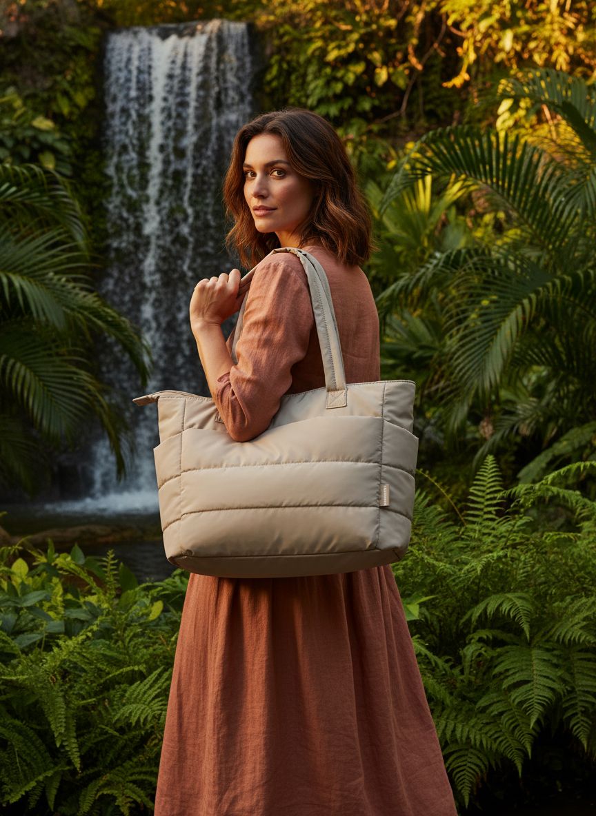 BAGSMART quilted puffy tote bag in neutral nylon with shoulder straps and compartments โ view 2
