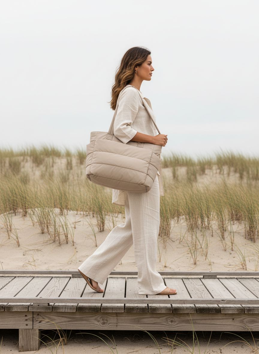 BAGSMART quilted puffy tote bag in neutral nylon with shoulder straps and compartments โ view 3
