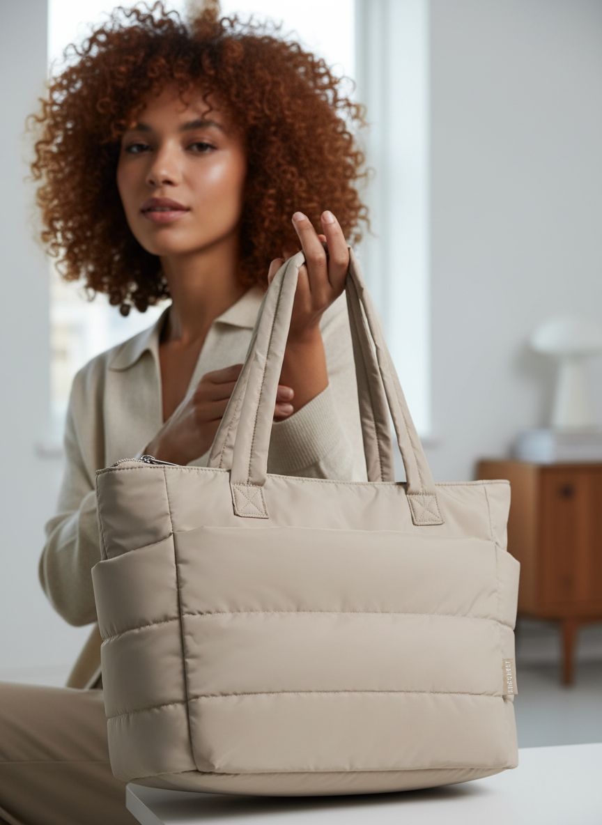 BAGSMART quilted puffy tote bag in neutral nylon with shoulder straps and compartments โ view 4