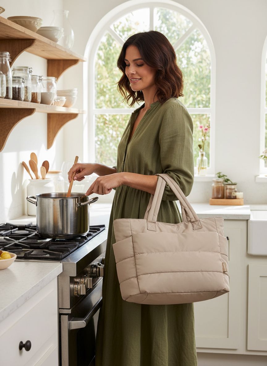 BAGSMART quilted puffy tote bag in neutral nylon with shoulder straps and compartments โ view 2