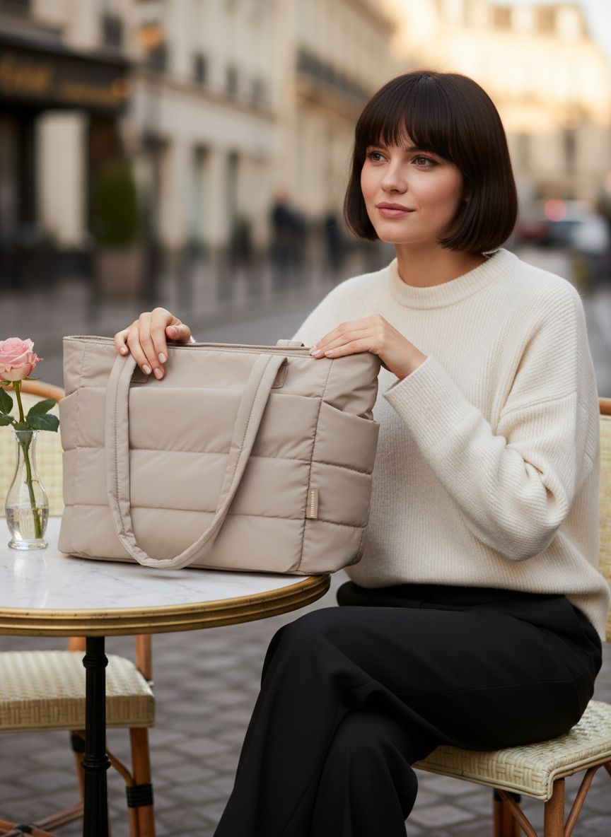BAGSMART quilted puffy tote bag in neutral nylon with shoulder straps and compartments โ view 4