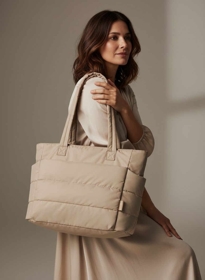 BAGSMART quilted puffy tote bag in neutral nylon with shoulder straps and compartments โ view 6