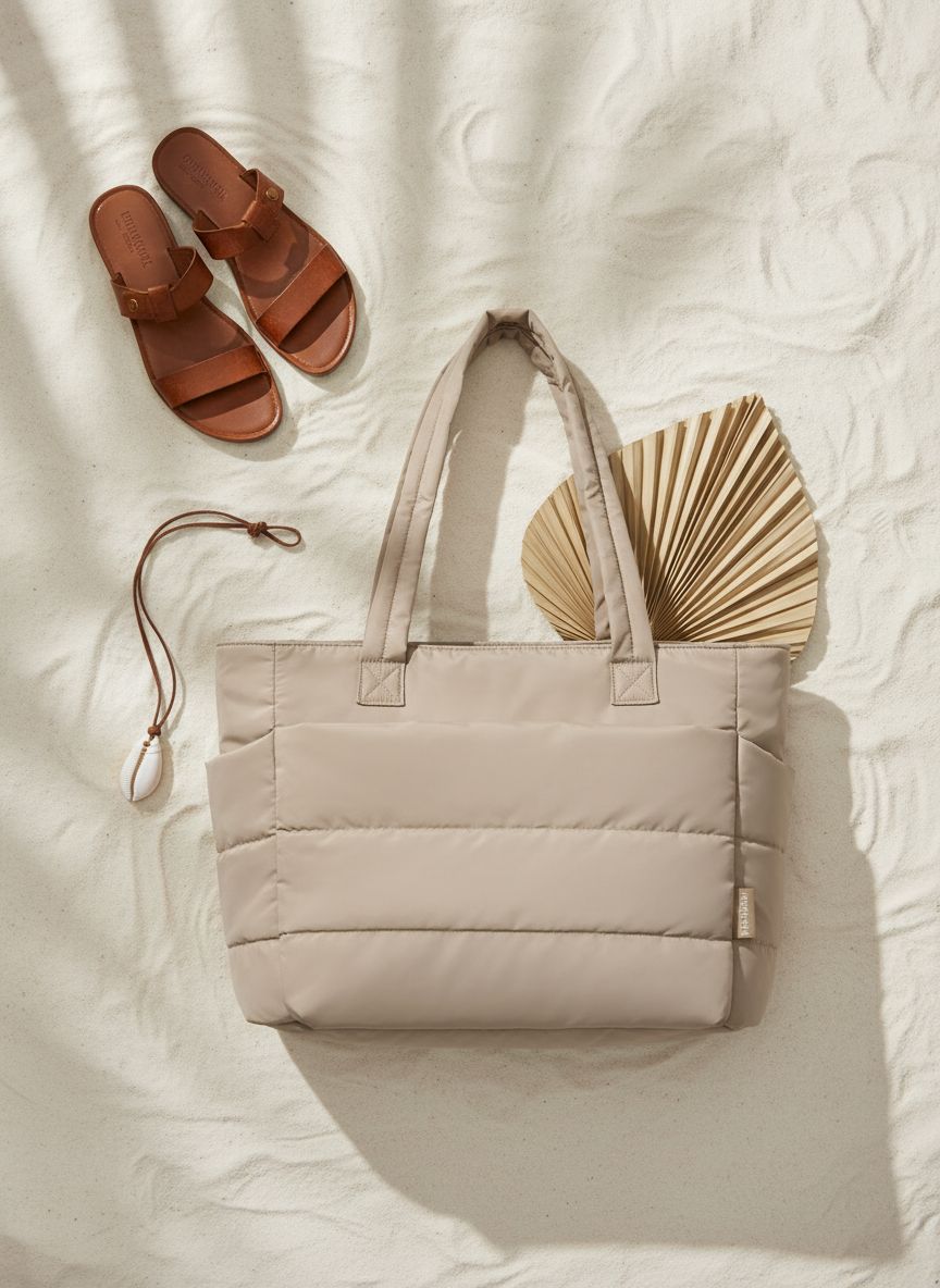 BAGSMART quilted puffy tote bag in neutral nylon with shoulder straps and compartments โ view 7a