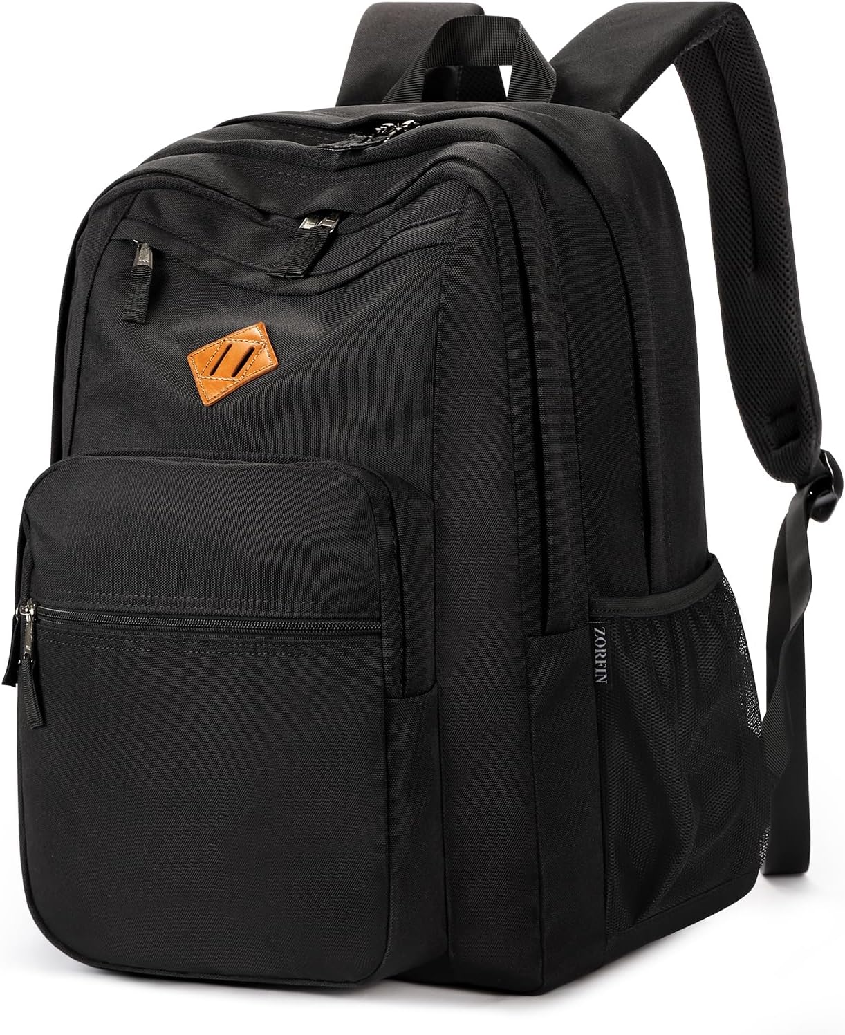 Water-resistant black nylon backpack, front view with laptop compartment — view 1