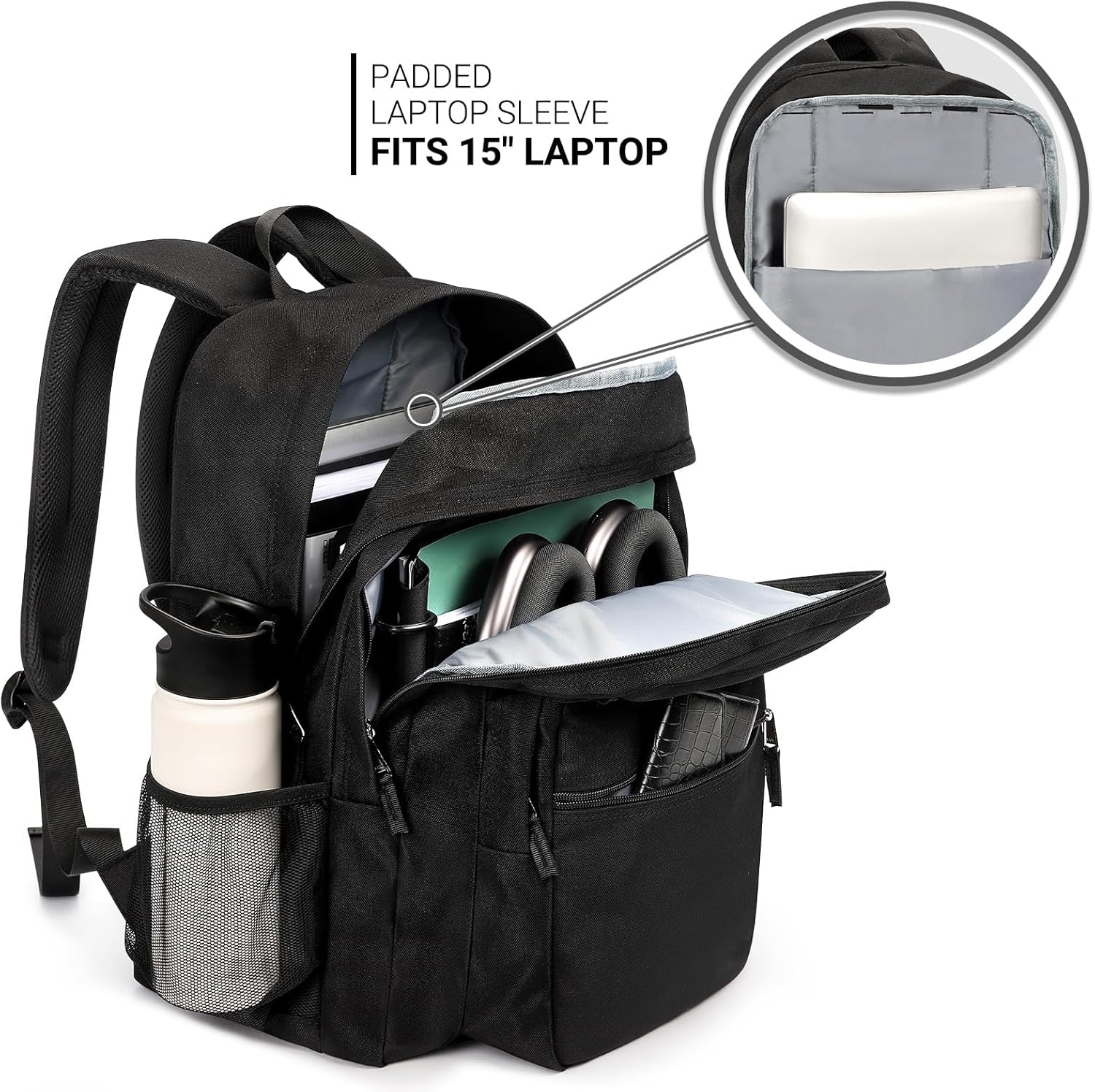 Water-resistant black nylon backpack, front view with laptop compartment — view 4