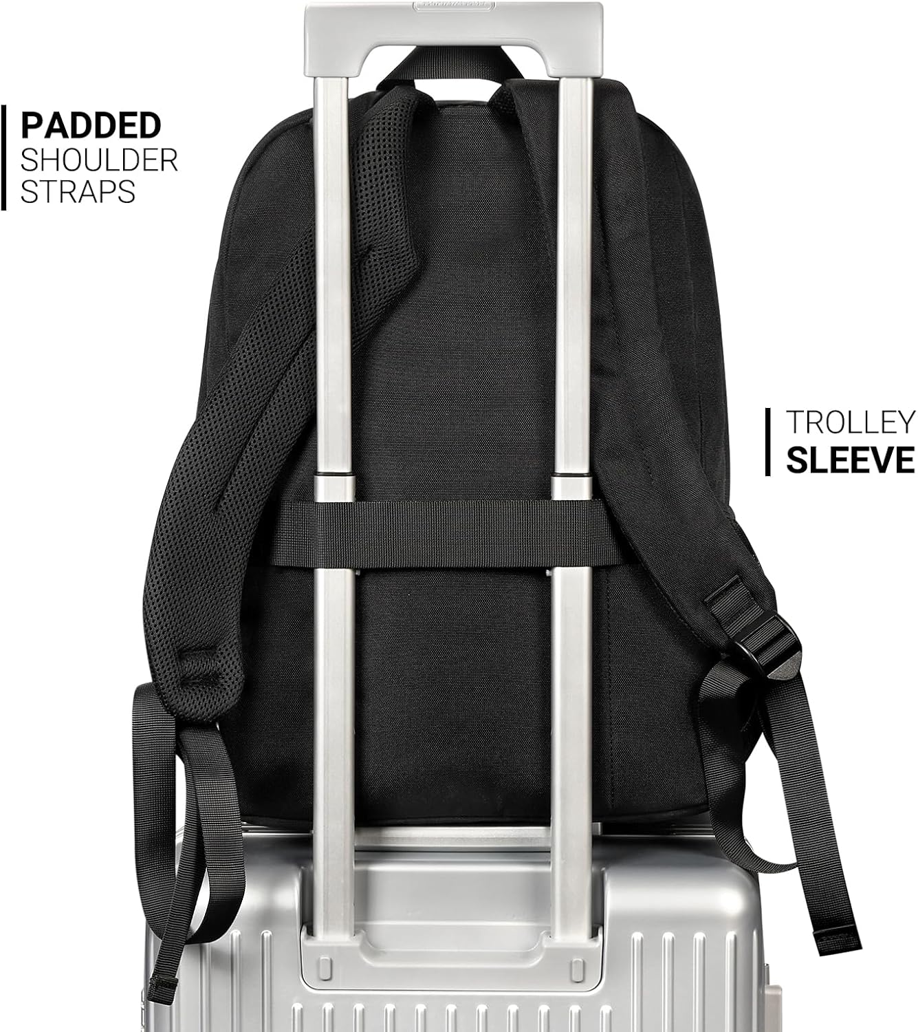 Water-resistant black nylon backpack, front view with laptop compartment — view 2