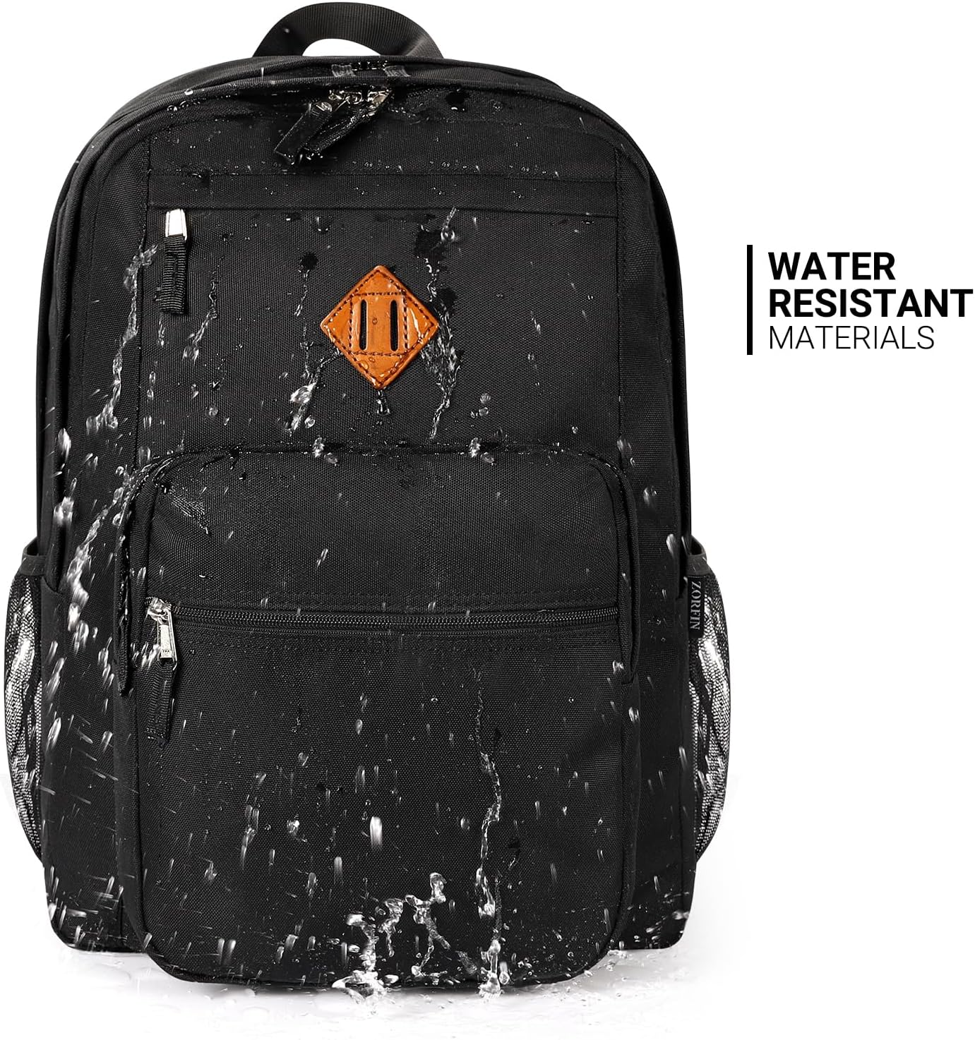 Water-resistant black nylon backpack, front view with laptop compartment — view 4