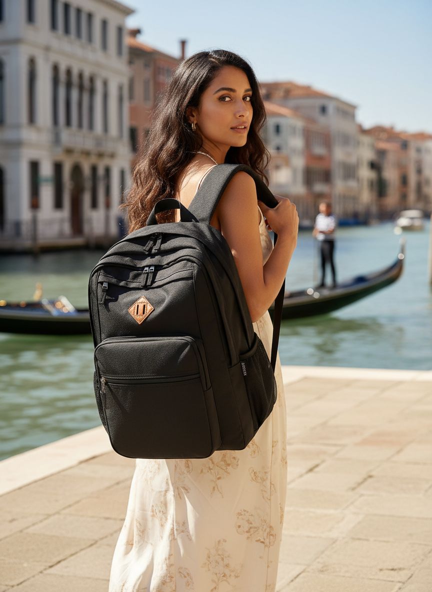 Water-resistant black nylon backpack, front view with laptop compartment โ view 2