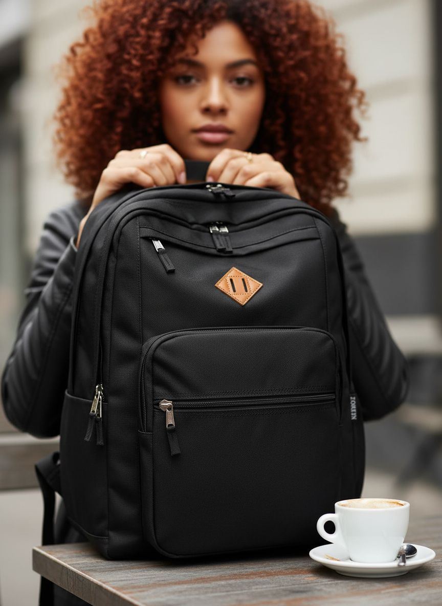 Water-resistant black nylon backpack, front view with laptop compartment โ view 4