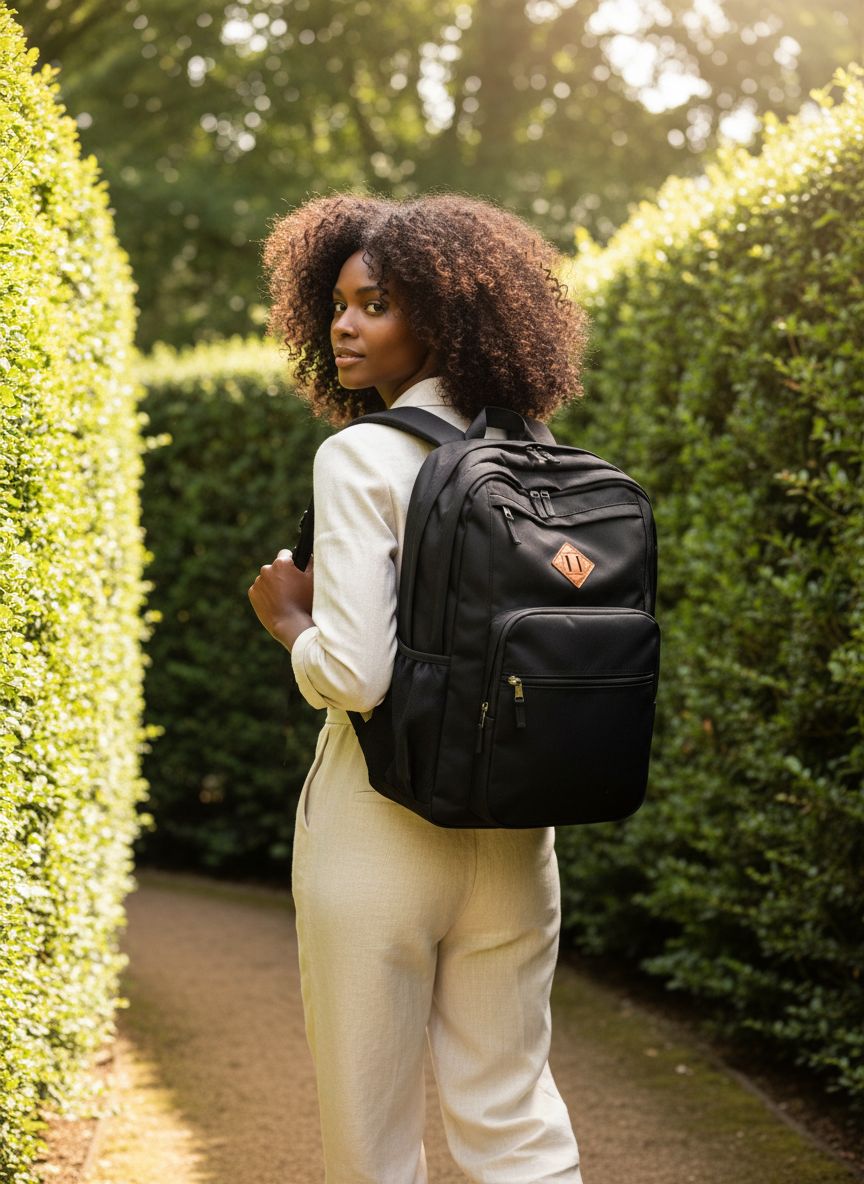 Water-resistant black nylon backpack, front view with laptop compartment โ view 3a