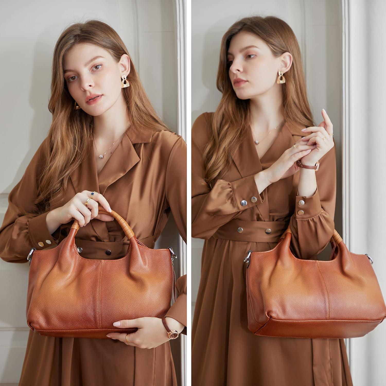 Genuine leather hobo shoulder bag in neutral color — view 2