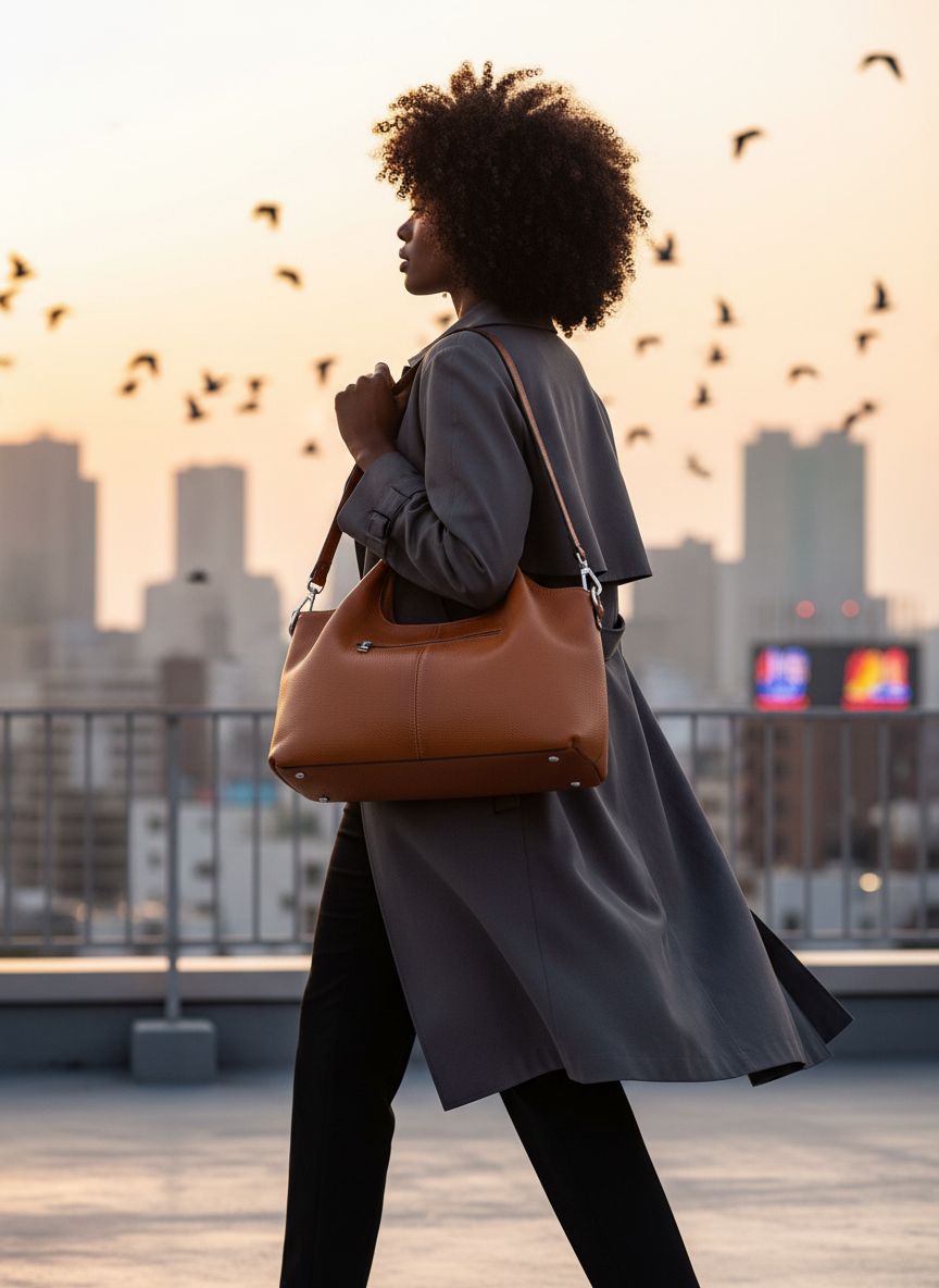 Genuine leather hobo shoulder bag in neutral color — view 2