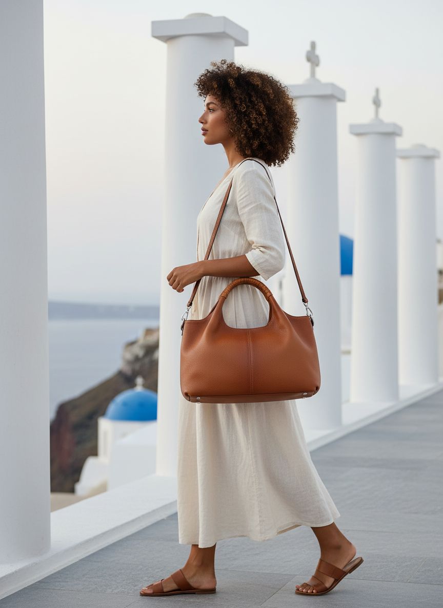Genuine leather hobo shoulder bag in neutral color — view 3