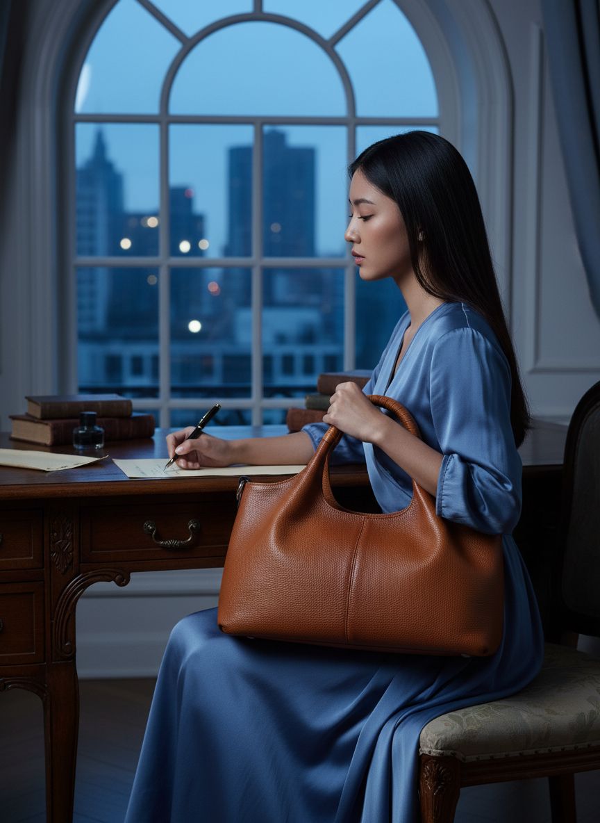 Genuine leather hobo shoulder bag in neutral color — view 2