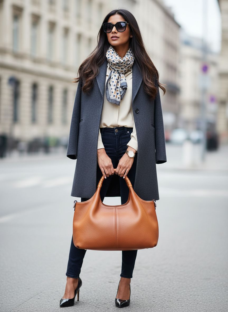 Genuine leather hobo shoulder bag in neutral color — view 5a