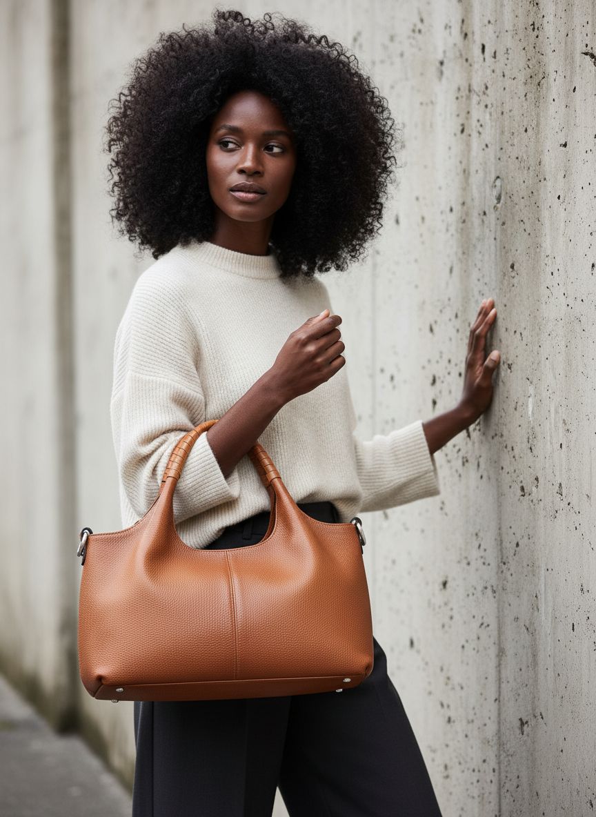Genuine leather hobo shoulder bag in neutral color — view 6