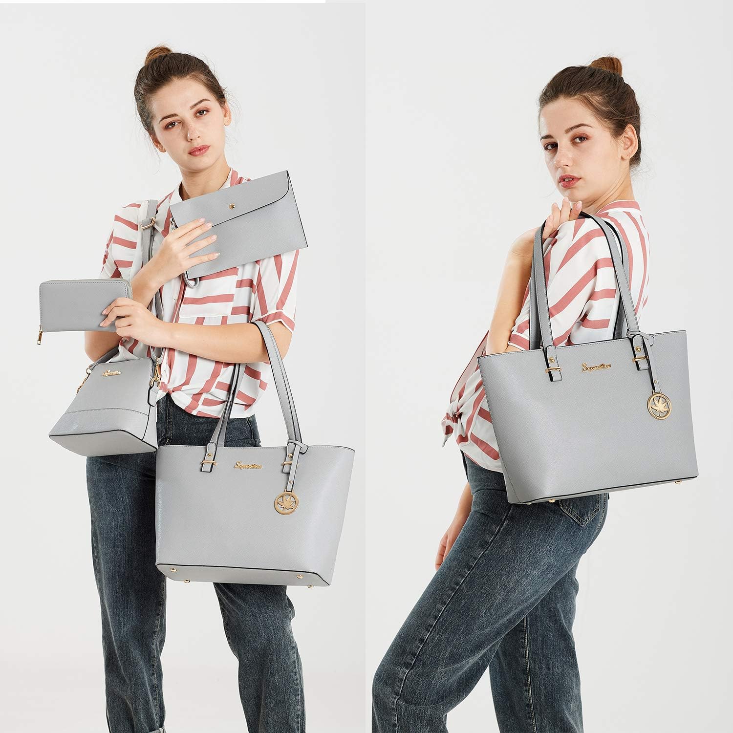 Vegan leather satchel tote bag in neutral color with top handle — view 2
