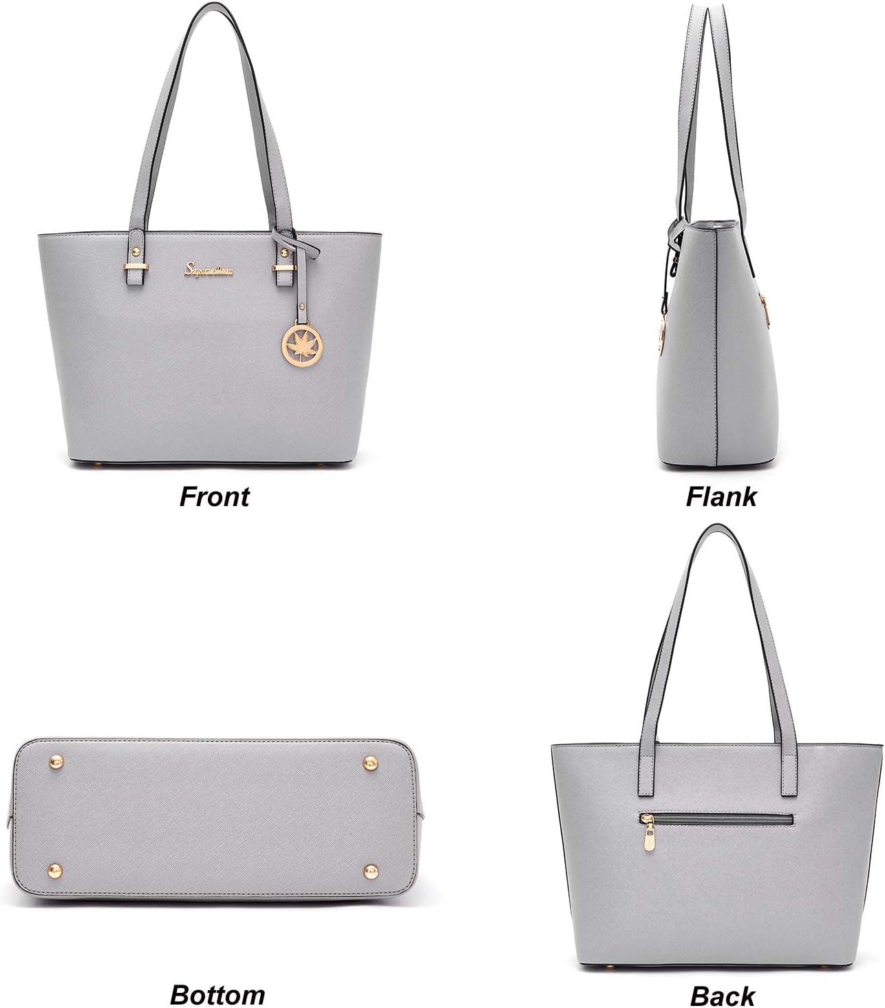 Vegan leather satchel tote bag in neutral color with top handle — view 3