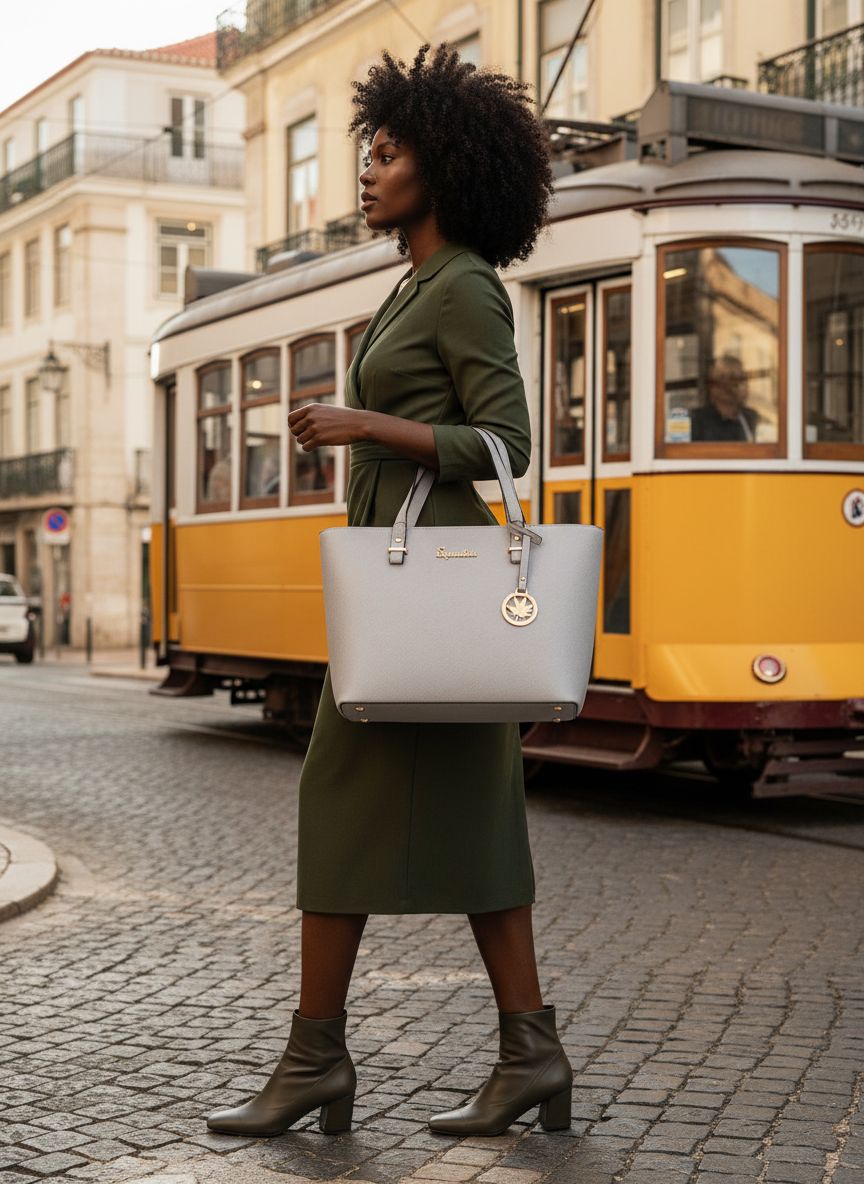 Vegan leather satchel tote bag in neutral color with top handle โ view 3