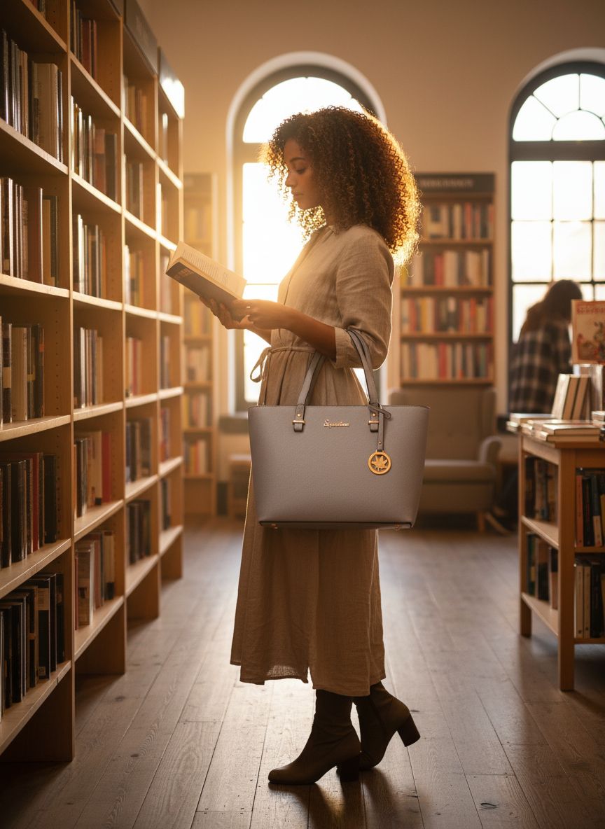 Vegan leather satchel tote bag in neutral color with top handle โ view 2
