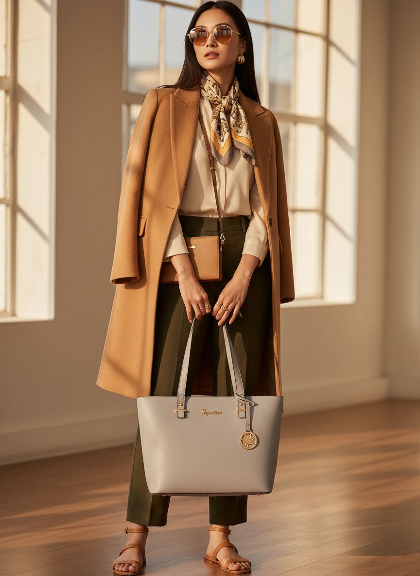 Vegan leather satchel tote bag in neutral color with top handle โ view 5a