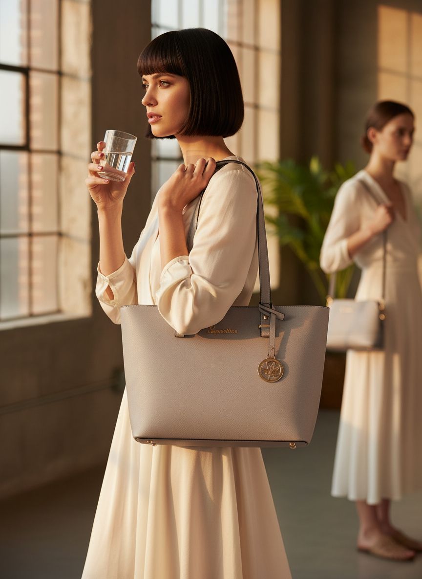 Vegan leather satchel tote bag in neutral color with top handle โ view 6