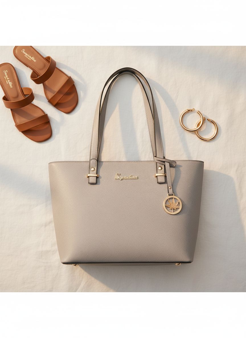 Vegan leather satchel tote bag in neutral color with top handle โ view 7a