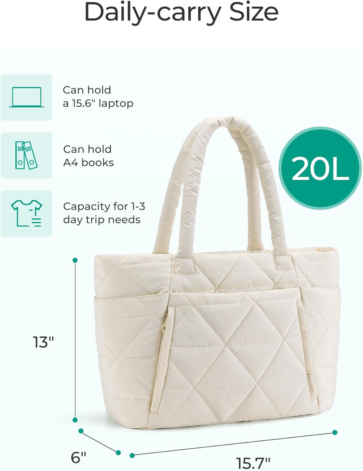 BAGSMART quilted puffer tote bag in neutral color with zipper closure and shoulder straps — view 3