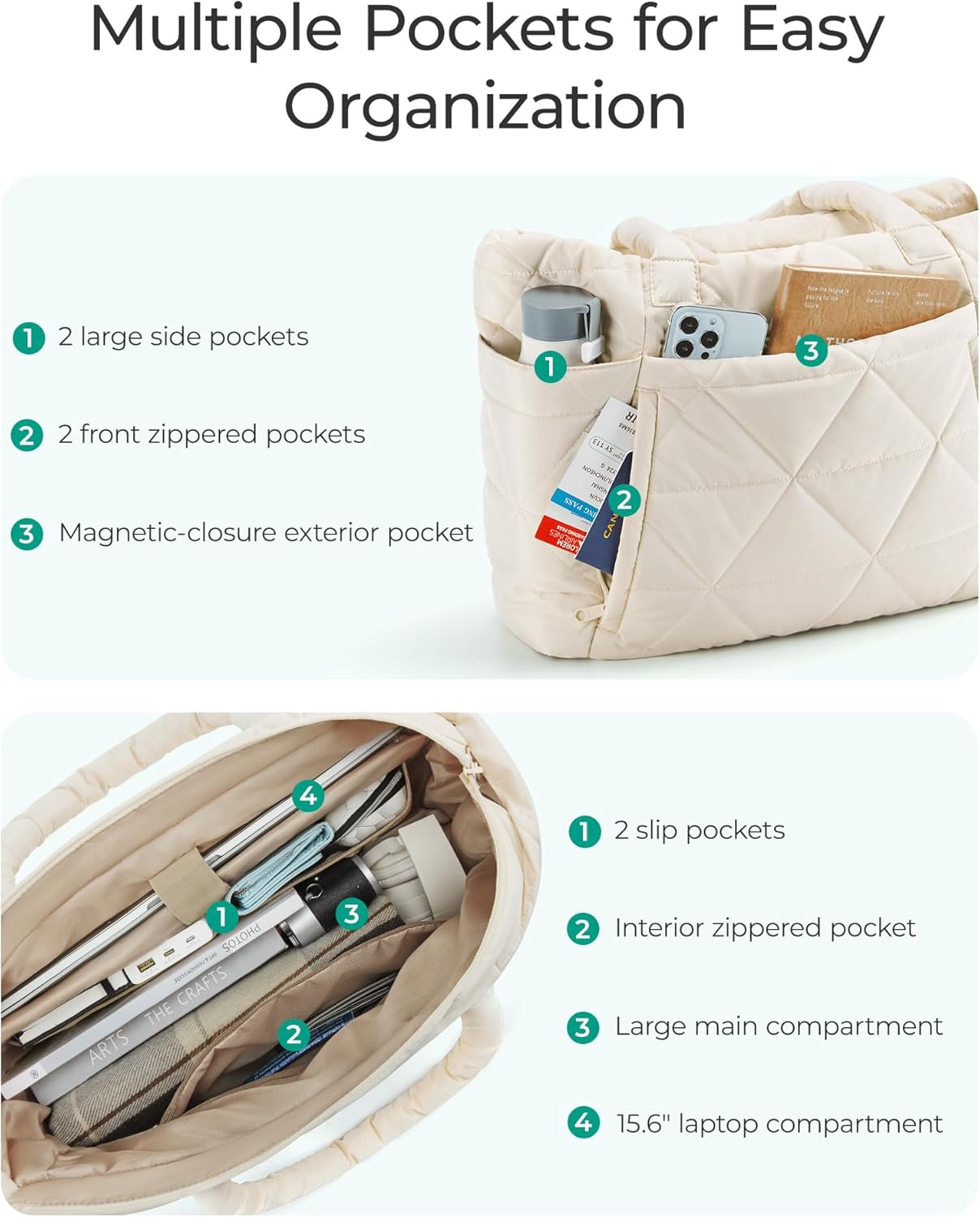 BAGSMART quilted puffer tote bag in neutral color with zipper closure and shoulder straps — view 2