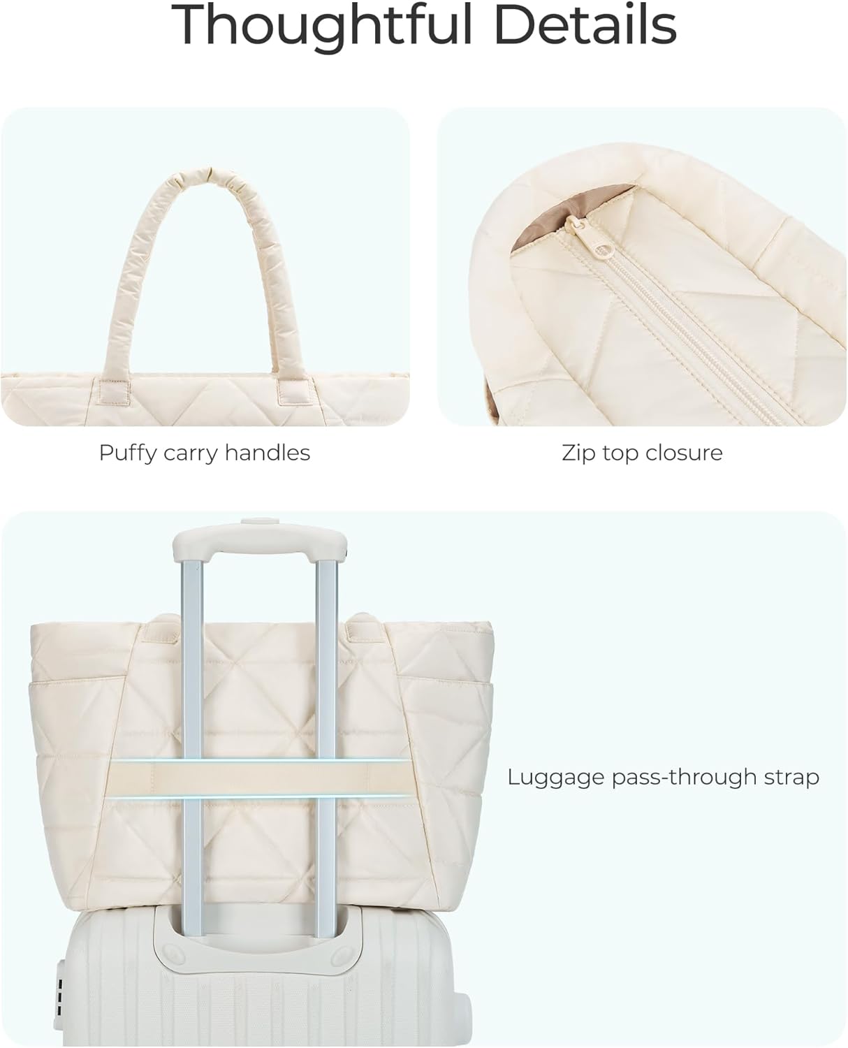 BAGSMART quilted puffer tote bag in neutral color with zipper closure and shoulder straps — view 3