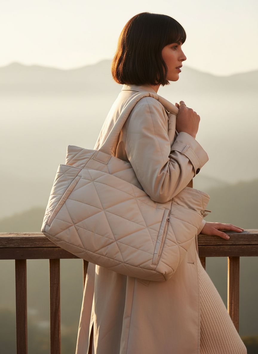 BAGSMART quilted puffer tote bag in neutral color with zipper closure and shoulder straps โ view 2