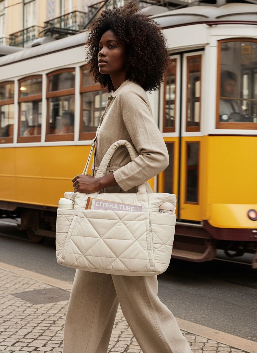 BAGSMART quilted puffer tote bag in neutral color with zipper closure and shoulder straps โ view 3