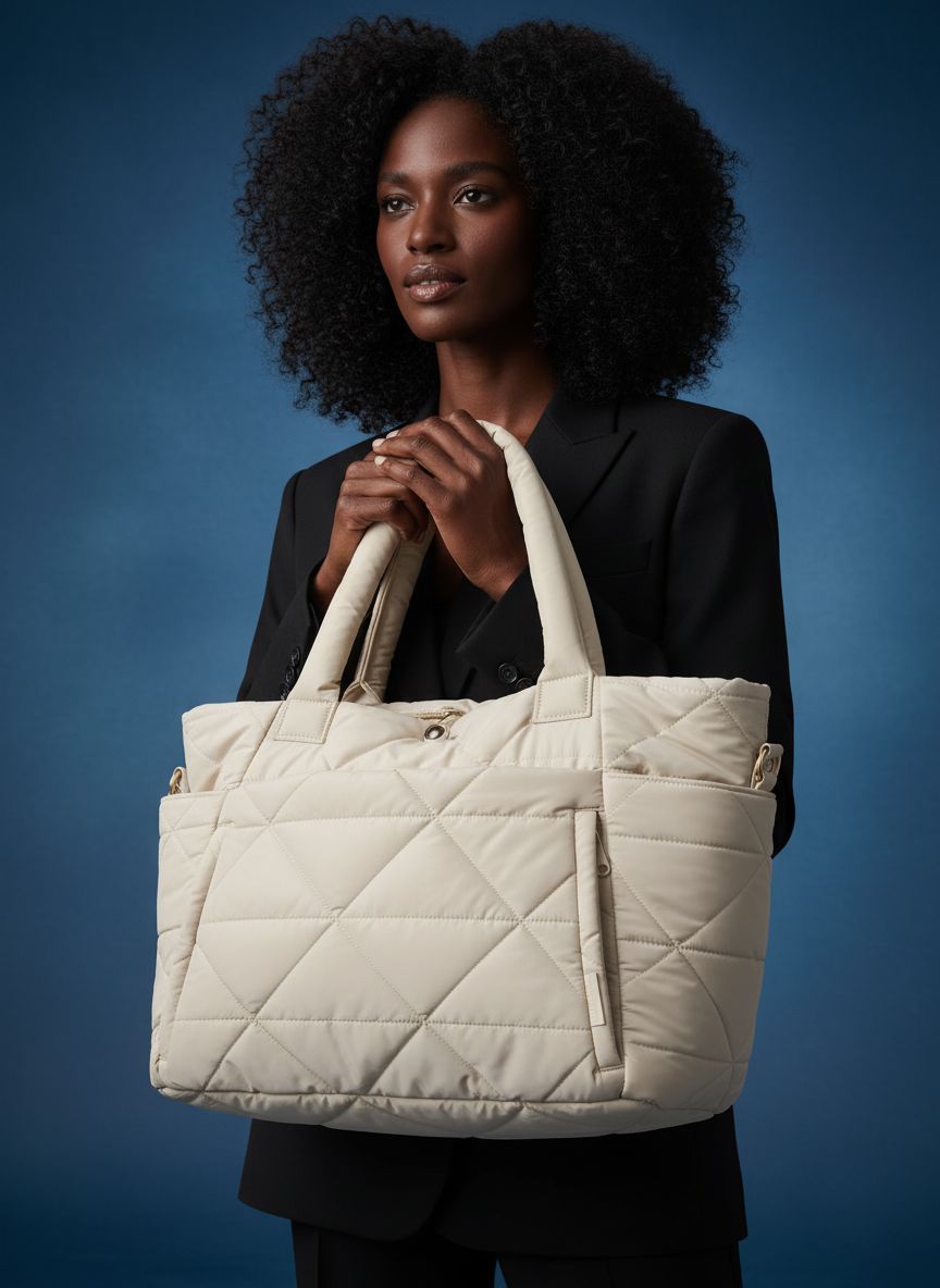BAGSMART quilted puffer tote bag in neutral color with zipper closure and shoulder straps โ view 4