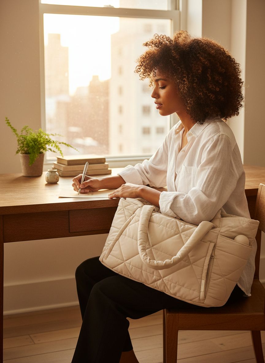 BAGSMART quilted puffer tote bag in neutral color with zipper closure and shoulder straps โ view 2