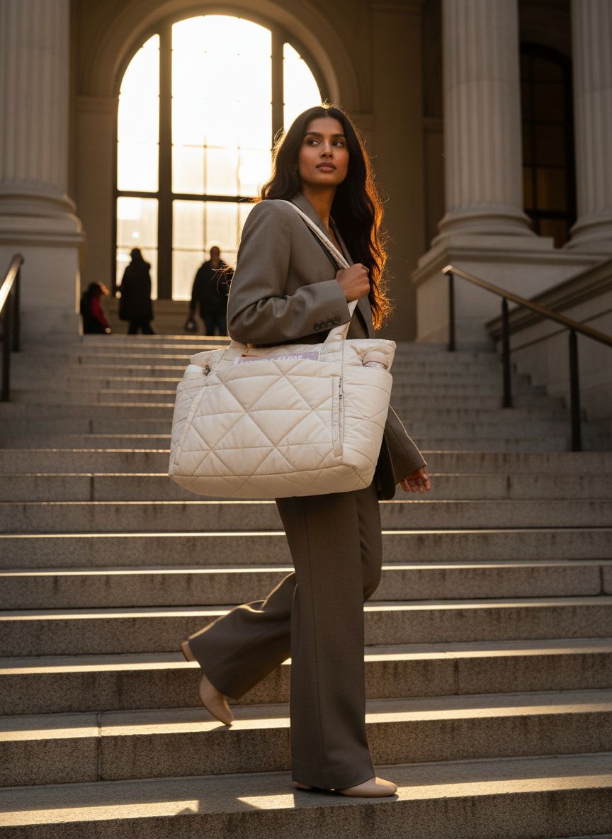 BAGSMART quilted puffer tote bag in neutral color with zipper closure and shoulder straps โ view 3a