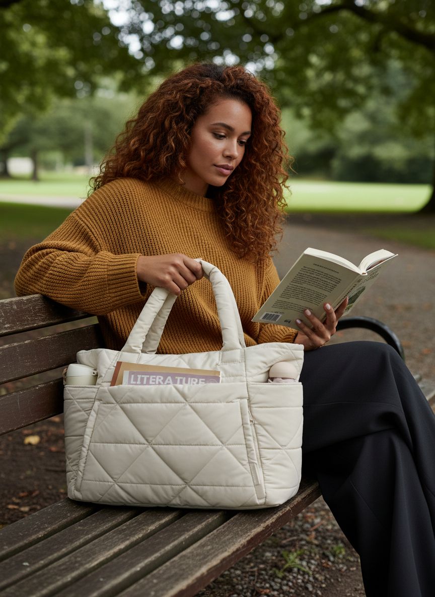 BAGSMART quilted puffer tote bag in neutral color with zipper closure and shoulder straps โ view 4