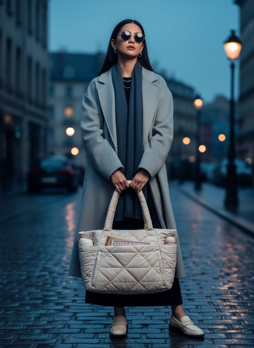BAGSMART quilted puffer tote bag in neutral color with zipper closure and shoulder straps โ view 5a