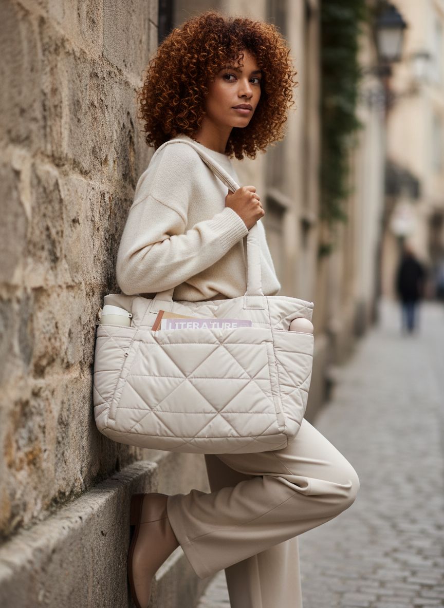 BAGSMART quilted puffer tote bag in neutral color with zipper closure and shoulder straps โ view 6
