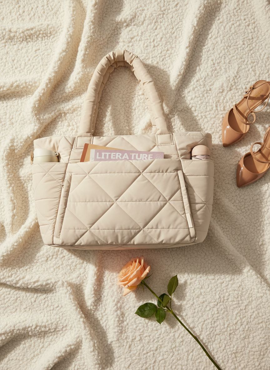 BAGSMART quilted puffer tote bag in neutral color with zipper closure and shoulder straps โ view 7a