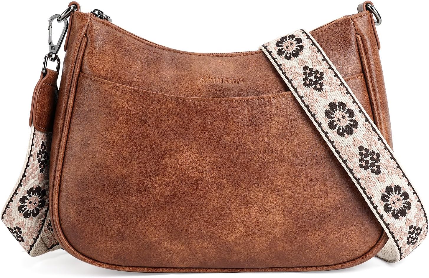 Leather crossbody bag with adjustable strap in neutral color, front view — front