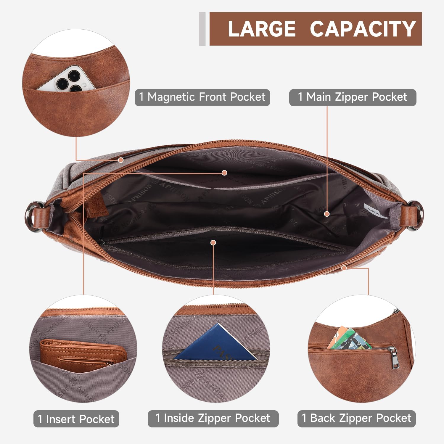 Leather crossbody bag with adjustable strap in neutral color, front view — back
