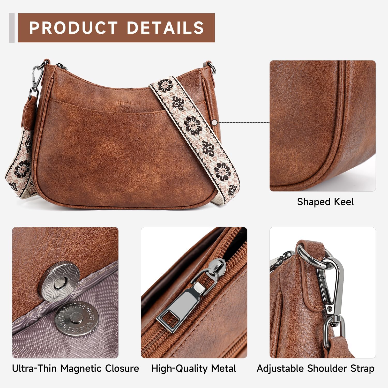 Leather crossbody bag with adjustable strap in neutral color, front view — detail