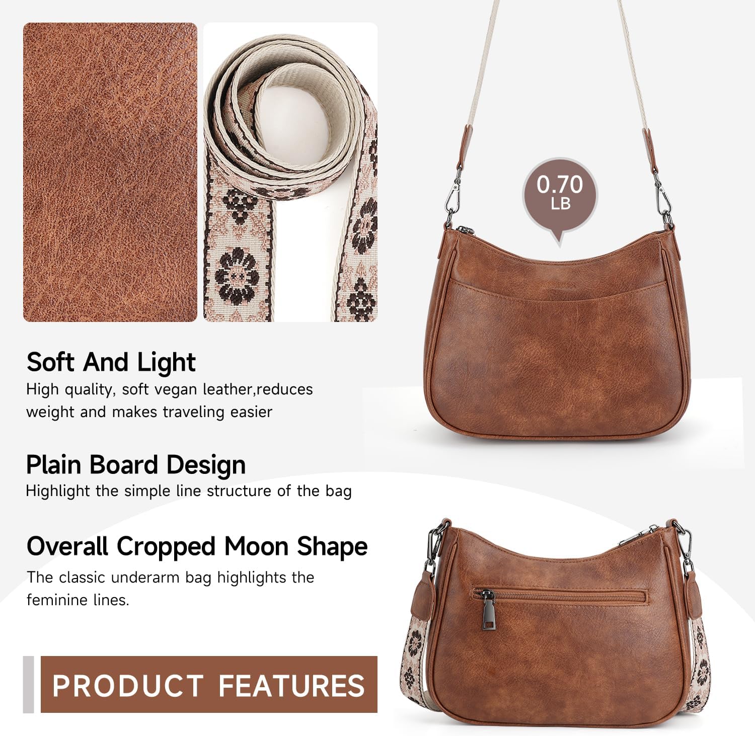 Leather crossbody bag with adjustable strap in neutral color, front view — view 2