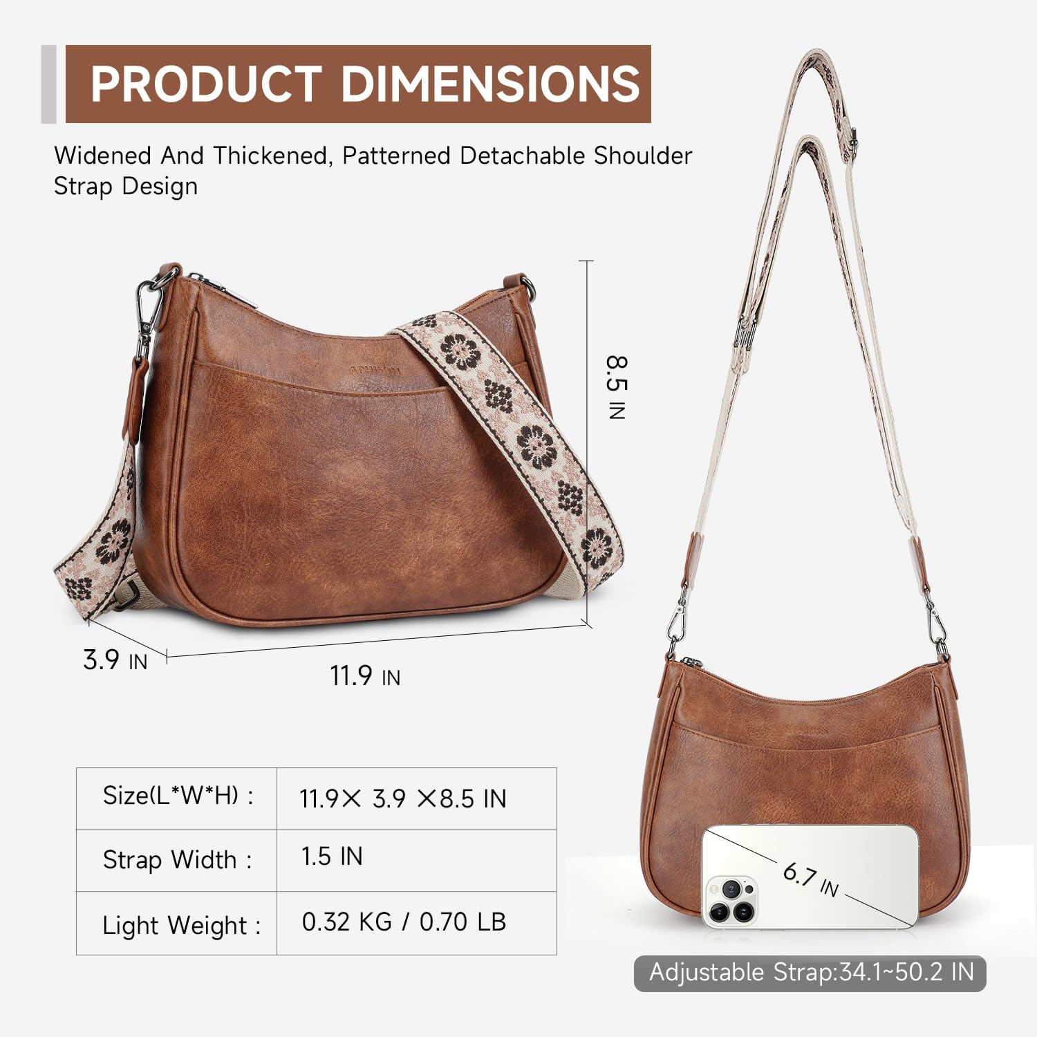 Leather crossbody bag with adjustable strap in neutral color, front view — view 3