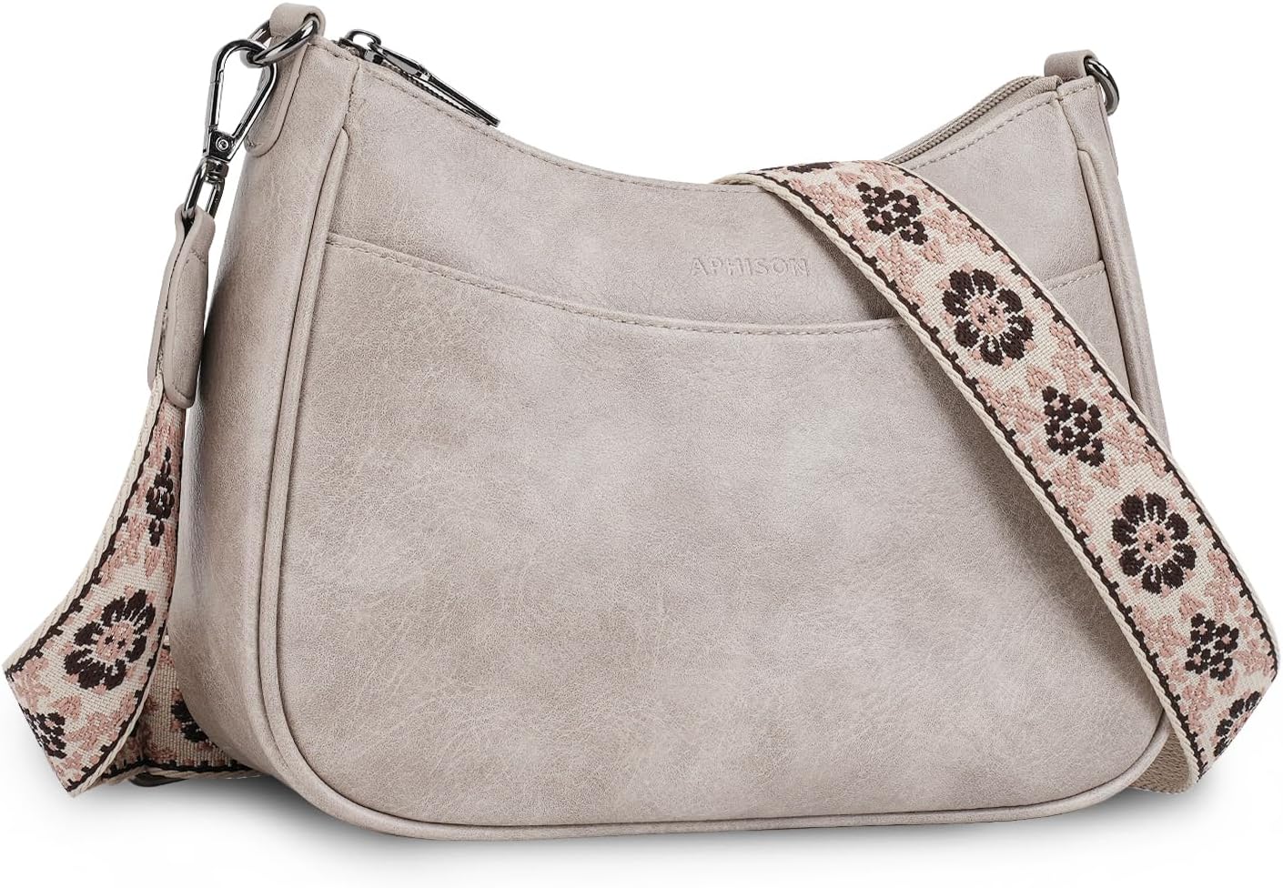 Leather crossbody bag with adjustable strap in neutral color, front view — view 4