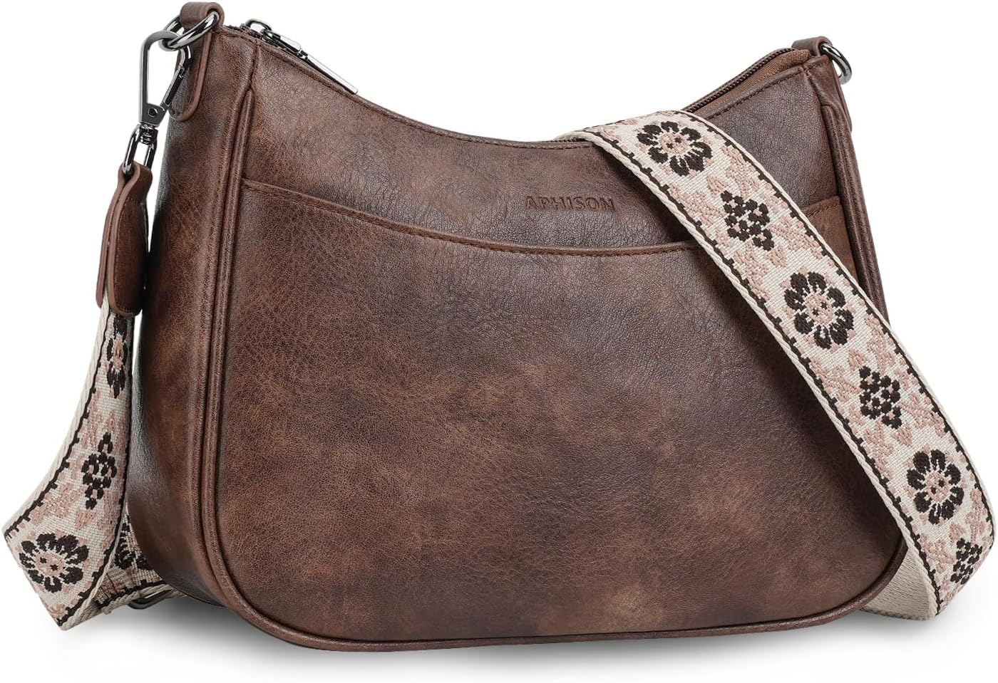 Leather crossbody bag with adjustable strap in neutral color, front view — view 5