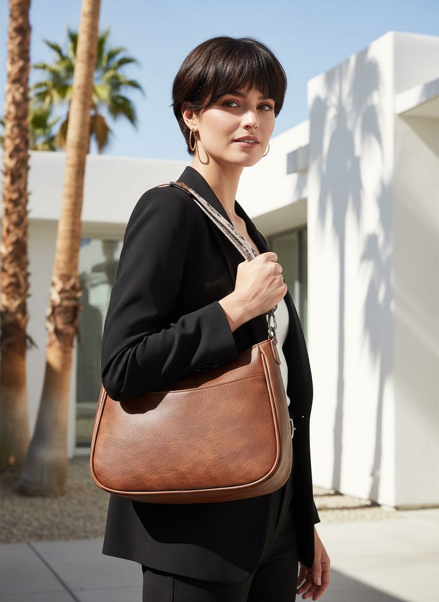 Leather crossbody bag with adjustable strap in neutral color, front view — view 1