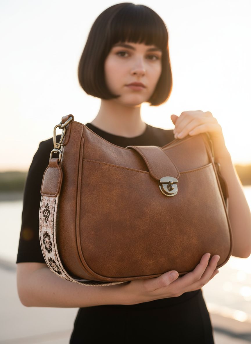 Leather crossbody bag with adjustable strap in neutral color, front view — view 4